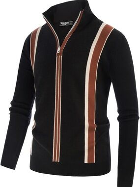 Paul Jones Black Zip Neck Striped Knit Sweater Size L Retro Mod
